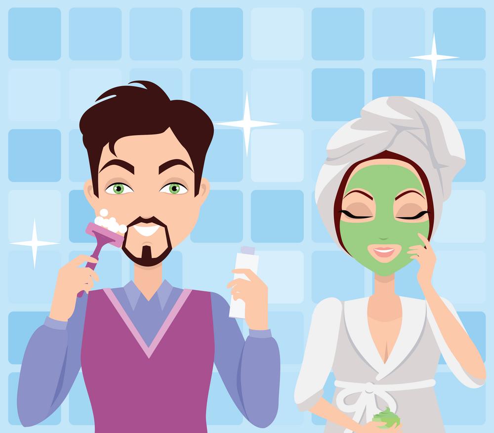 Man and Woman Cleaning. Making Washing Procedures. Man and woman cleaning. Making washing procedure in front of the mirror. Girl makes mask, boy shaving. People take care about their look. Part of series of ladies and gentlemen face care. Vector