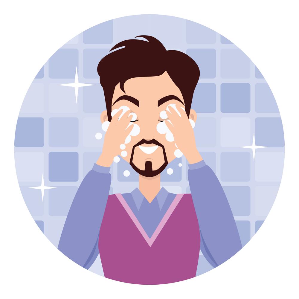 Man Face Wash. Washing, Shaving, Moisturizing. Stages of man face wash. Washing with cream cleanser or soap, shaving with razor, using moisturizer or lotion after shave. Boy cares about his look. Part of series of face care. Vector illustration
