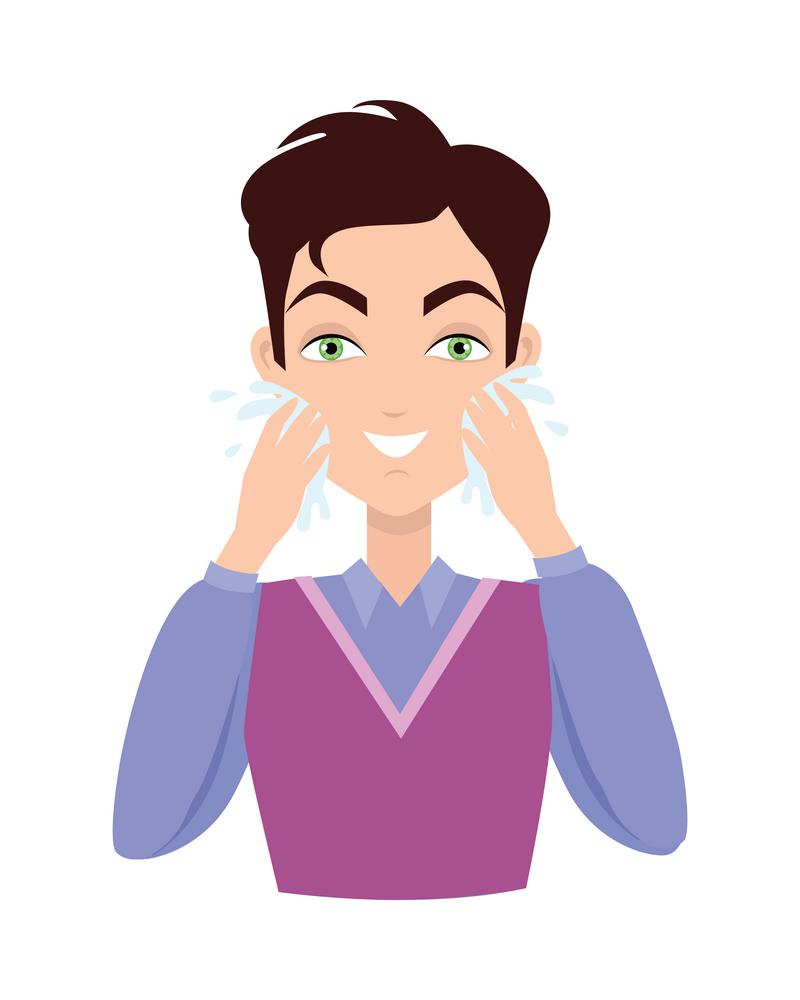 Man Face Wash. Washing, Shaving, Moisturizing. Stages of man face wash. Washing with cream cleanser or soap, shaving with razor, using moisturizer or lotion after shave. Boy cares about his look. Part of series of face care. Vector illustration