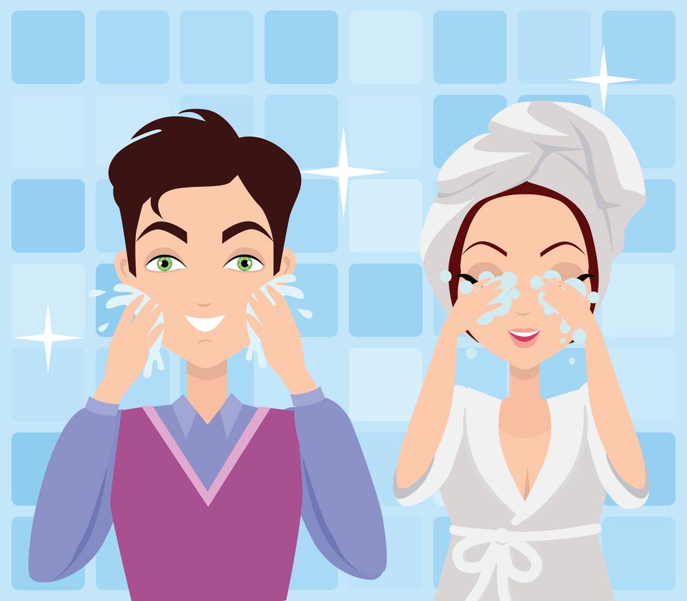 Man and Woman Washing their Faces. Cleaning. Man and woman washing their faces. Cleaning in the morning. Making washing procedure in front of the mirror. People take care about their look. Part of series of ladies and gentlemen face care. Vector