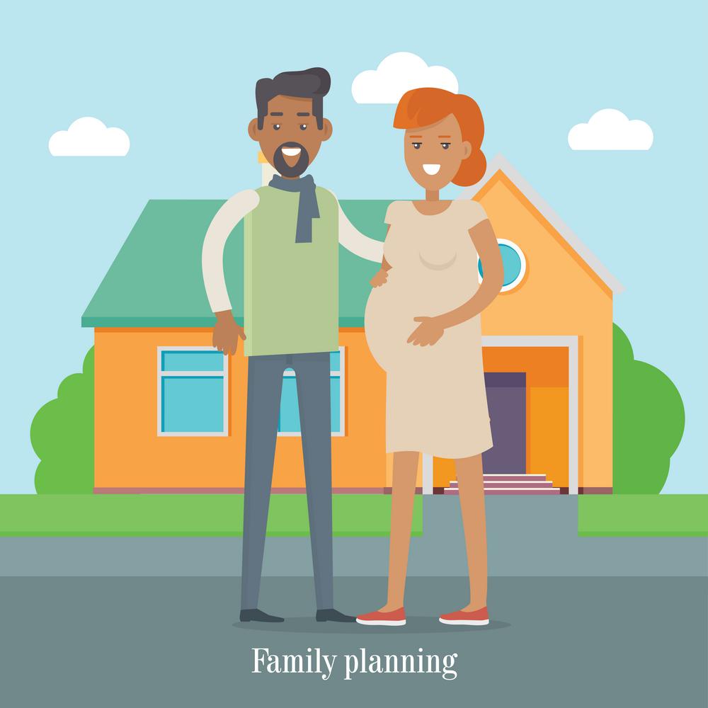 Family Planning Banner. Man and Woman Expect Baby. Family planning banner. Man and woman expecting baby. Young family. Pregnant woman, pregnancy female belly. Future mother and father characters vector. Pregnant woman lifestyle. Happy maternity.