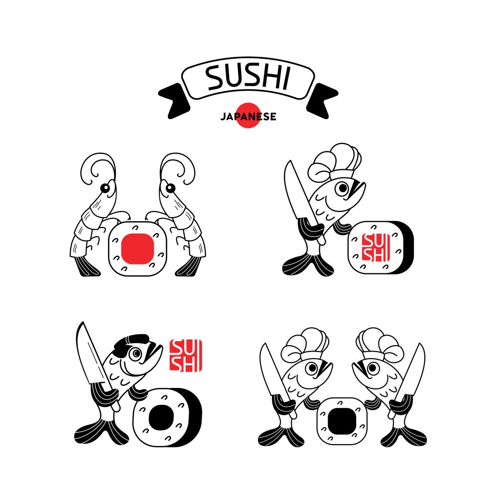 Set of logos of sushi with shrimp and fish. Shrimp, fish and sushi. Vector illustration, sign, emblem. Isolated on a light background. Logo for a Japanese restaurant.