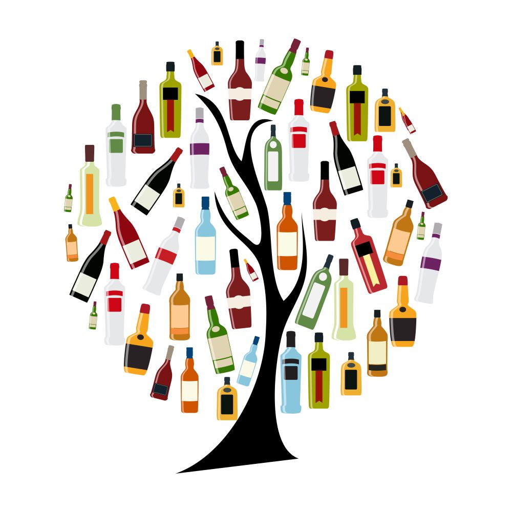 Vector Illustration of Silhouette Alcohol Bottle on Tree Concept  EPS10. Vector Illustration of Silhouette Alcohol Bottle on Tree Concept