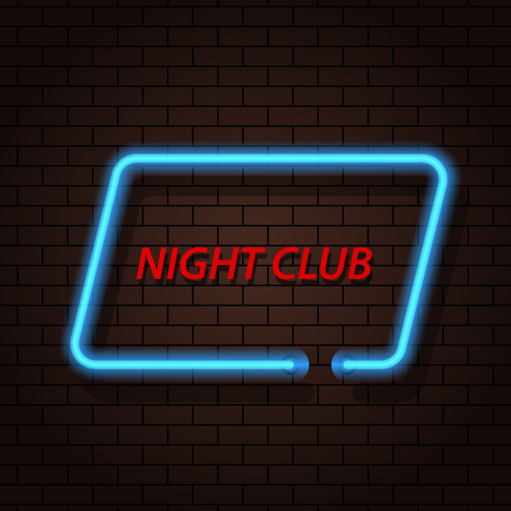 Neon signboard nightclub on a brick background. . Neon signboard nightclub on a brick background. Vector illustration .