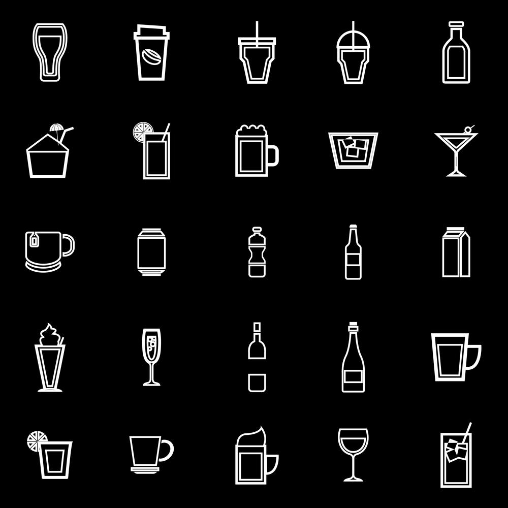 Beverage line icons on black background, stock vector