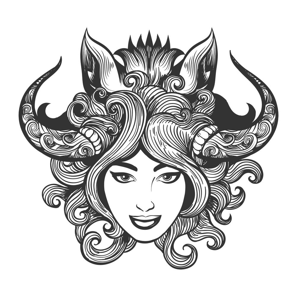 Girl face in shaman mask of boar drawn in tattoo style. Vector illustration.