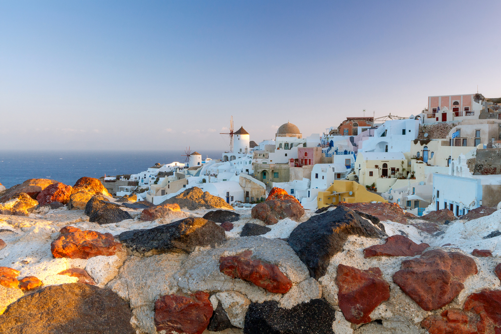View of the village Oia at dawn.. Beautiful view of the village Oia at dawn, Santorini Island, Greece.