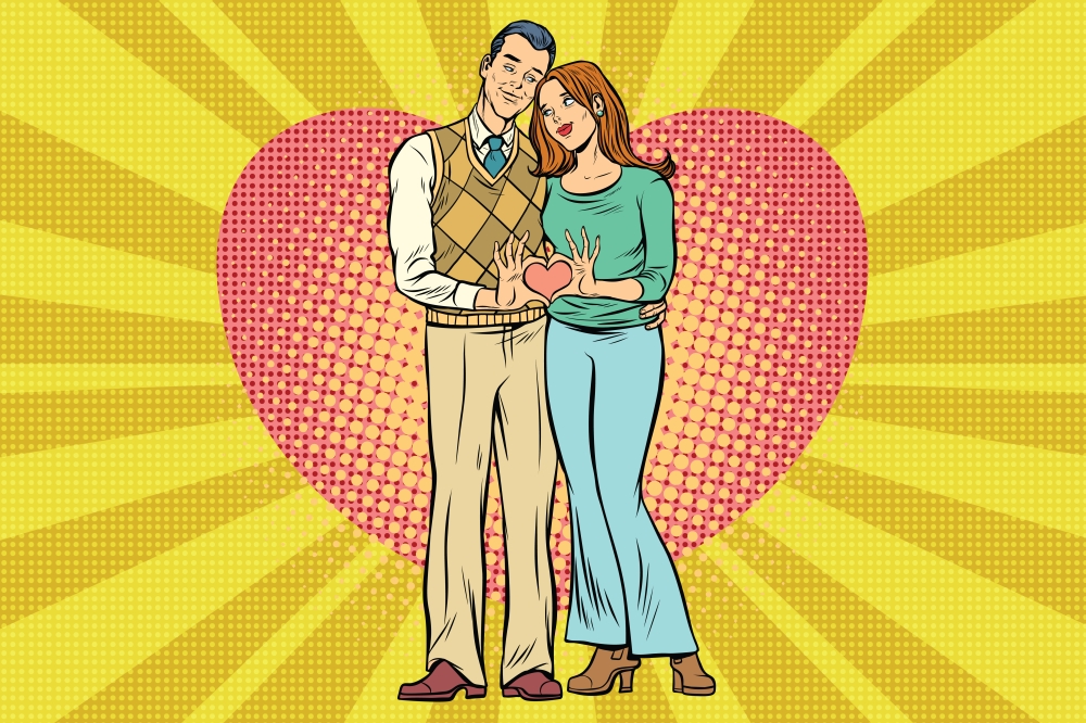 Cute couple, hand gesture a heart of love. In all growth on the background of hearts. Pop art retro vector illustration drawing. Cute couple, hand gesture a heart of love