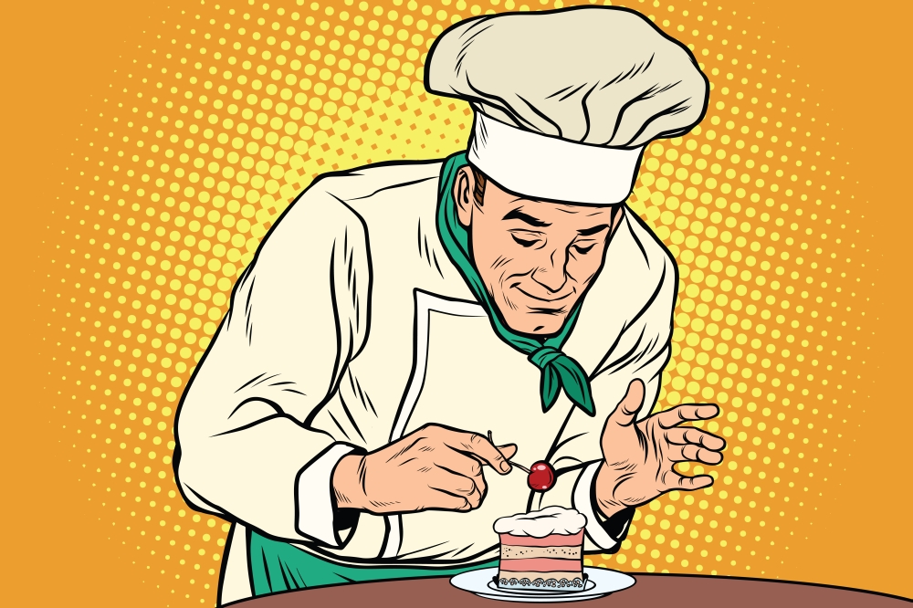 The chef prepares a sweet dessert. Cherry berry on the cake. Pop art retro vector illustration drawing. The chef prepares a sweet dessert