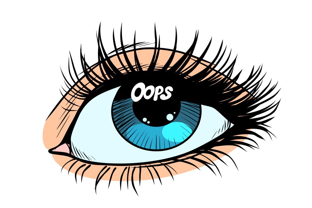 Oops the glare in the eye of women. Female eyes with blue pupil. Pop art retro vector illustration. Oops the glare in the eye of women
