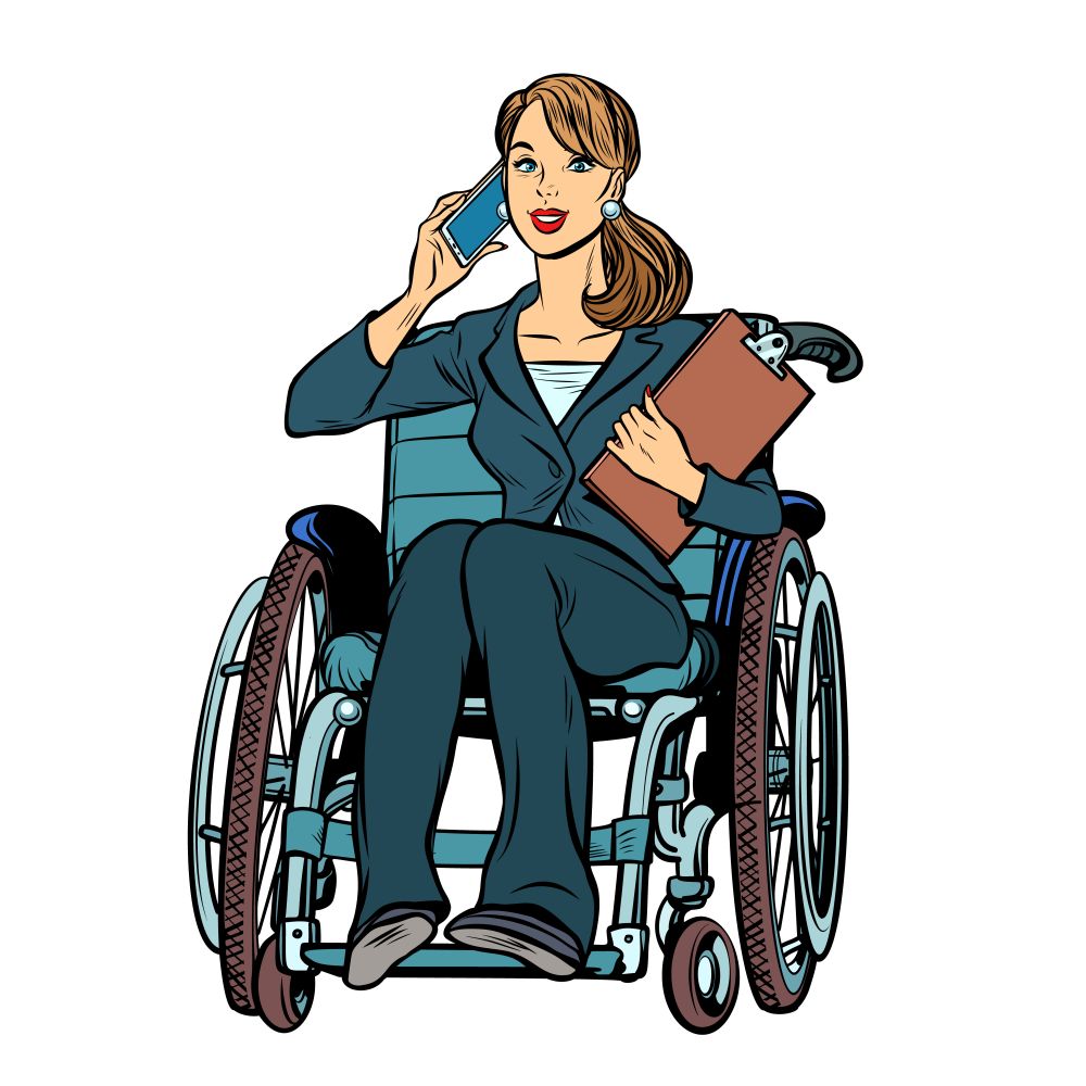disabled businesswoman isolated on white background. disabled businesswoman isolated on white background. Talking on the phone. Pop art retro vector illustration
