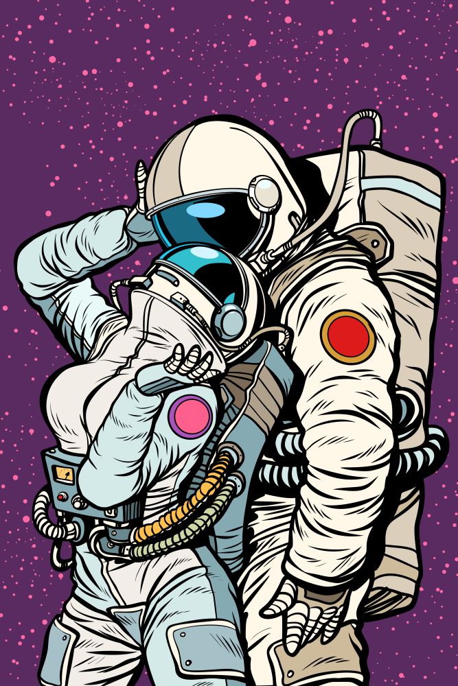 cosmic love of cosmonauts, man hugs woman. Pop art retro comic book vector cartoon vector illustration hand drawing. cosmic love of cosmonauts, man hugs woman