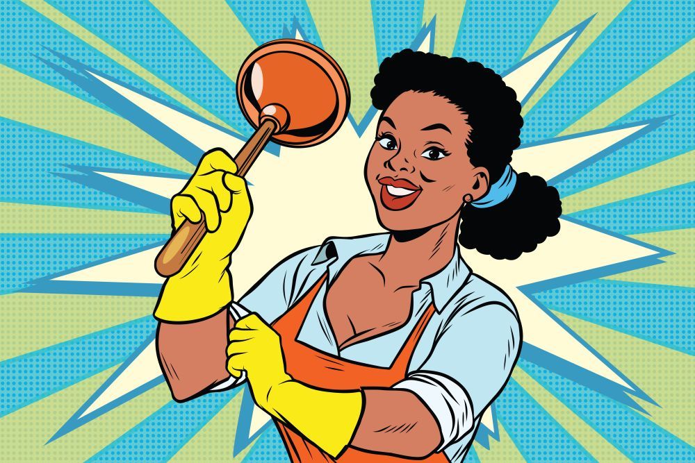 Cleaner with a plunger. African American people. Comic cartoon style pop art retro color picture illustration. Cleaner with a plunger. African American people