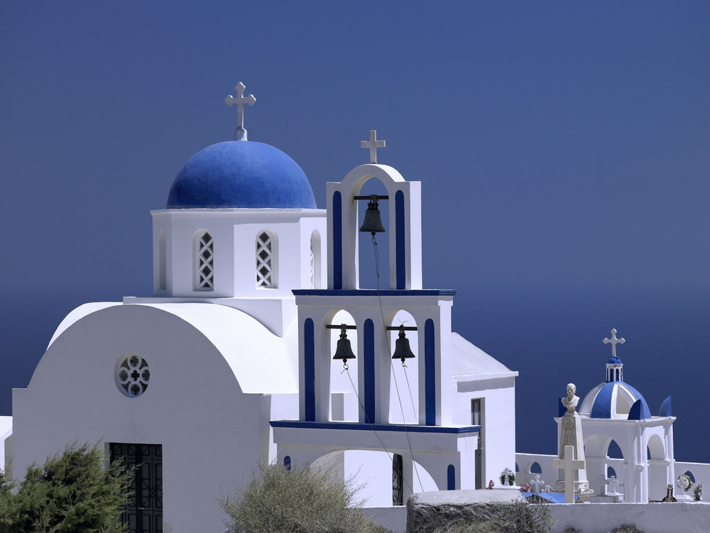 A Greek Orthodox Church on the volcanic island of Santorini in the Aegean Sea, about 200km southeast of mainland Greece.
