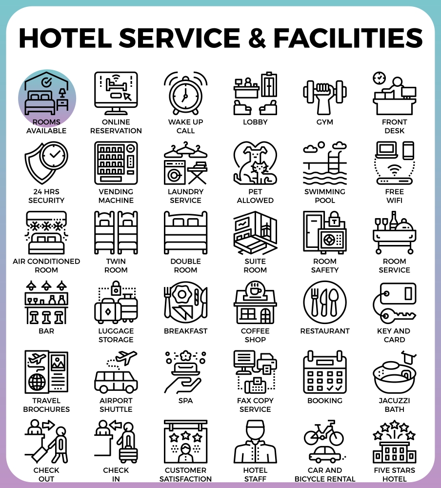 Hotel Service & Facilities concept detailed line icons set in modern line icon style concept for ui, ux, web, app design