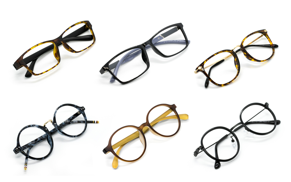 Group of modern fashionable spectacles isolated on white background, Perfect reflection, Glasses