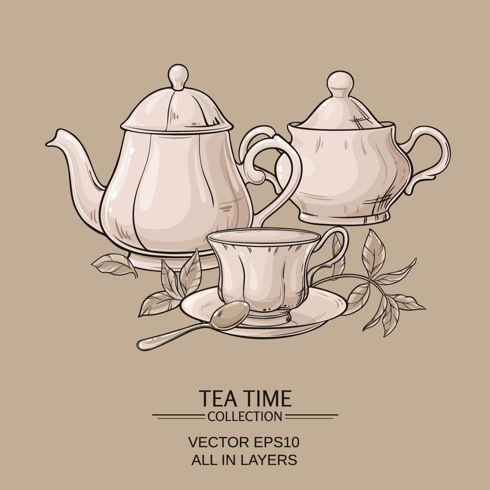 Teapot with cup and sugar bowl . Illustration with cup of tea, teapot and sugar bowl on brown background