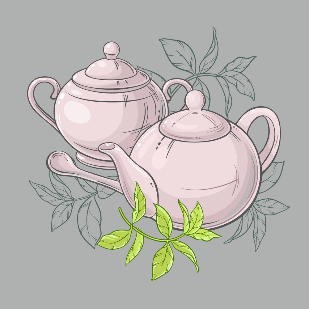 Teapot and sugar bowl. Illustration with  teapot and sugar bowl and green tea leaves