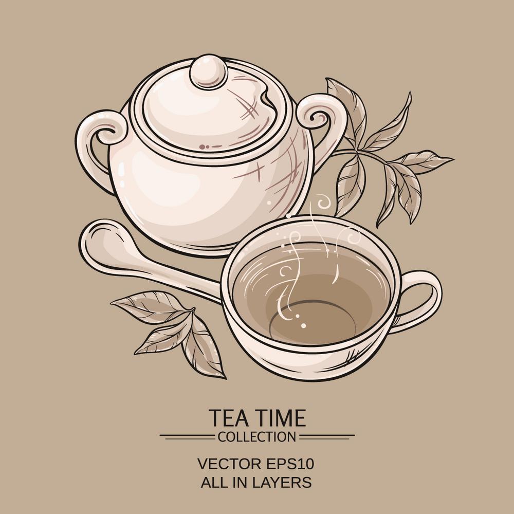 cup of tea and sugar bowl. Illustration with cup of tea,  sugar bowl and tea leaves on brown background