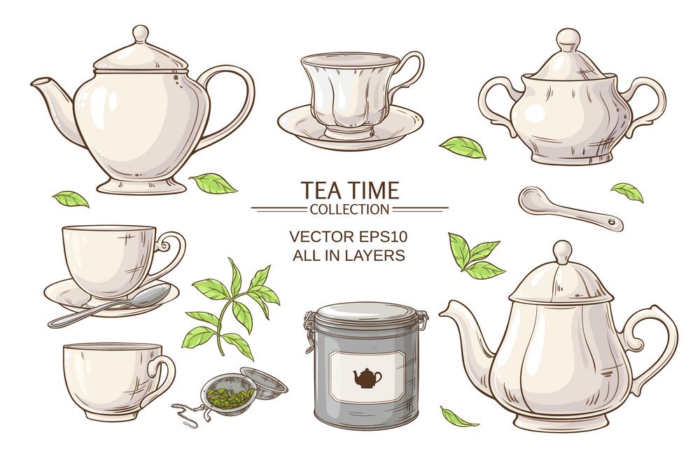 tea set. Vector set  with cups,  teapot,  sugar bowl, tin packaging and tea strainer on white background