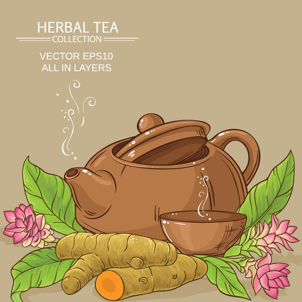 turmeric tea illustration. turmeric tea in teapot on color background