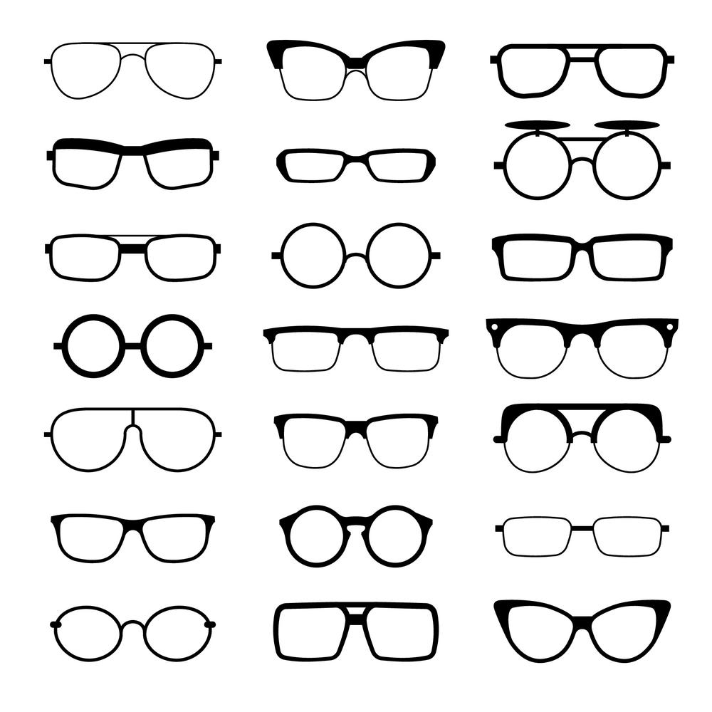 Sunglasses, eyeglasses, geek glasses different model shapes vector silhouettes icons. Sunglasses, eyeglasses, geek glasses different model shapes vector silhouettes icons. Fashion assortment eyewear illustration