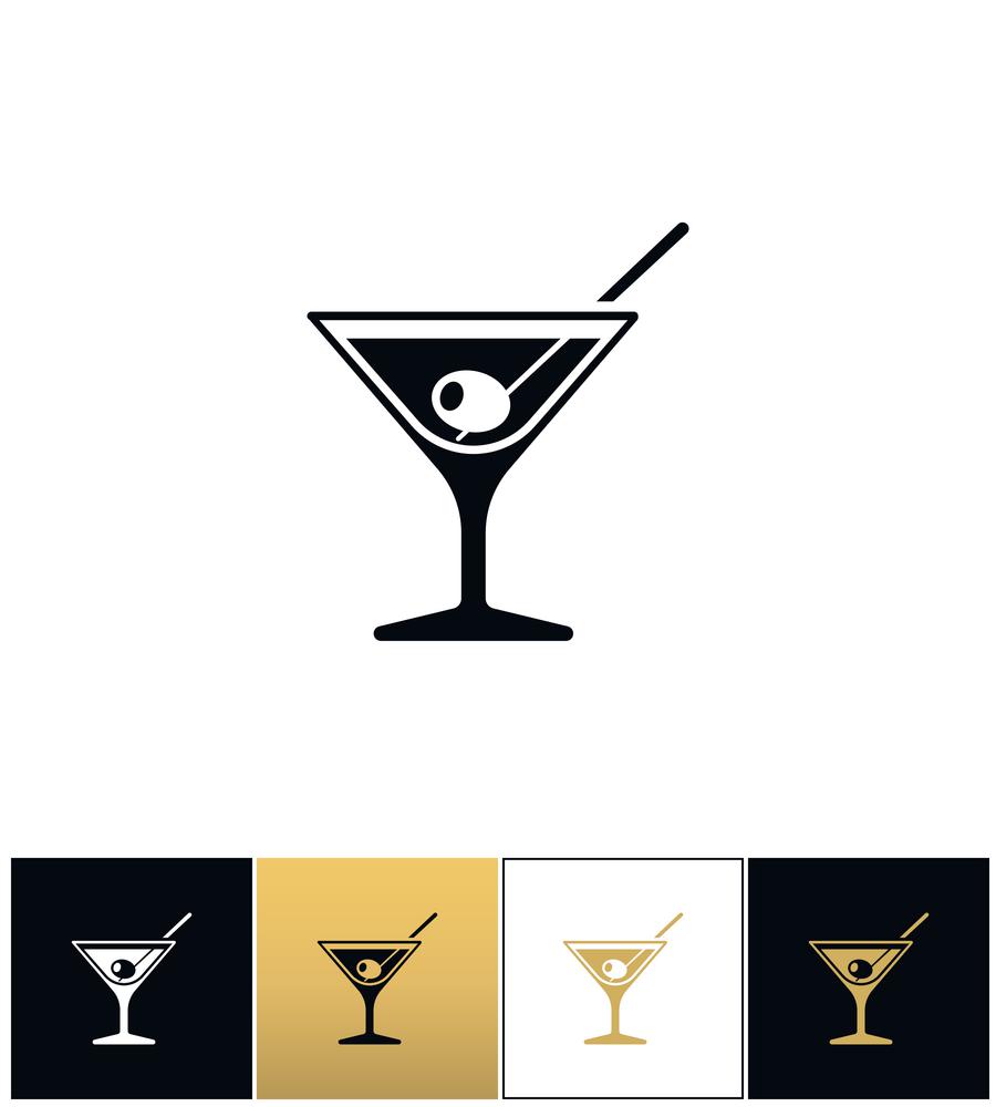 Cocktail glass sign with martini vodka and olive vector icon. Cocktail glass sign with martini vodka and olive vector icons on black, white and gold backgrounds