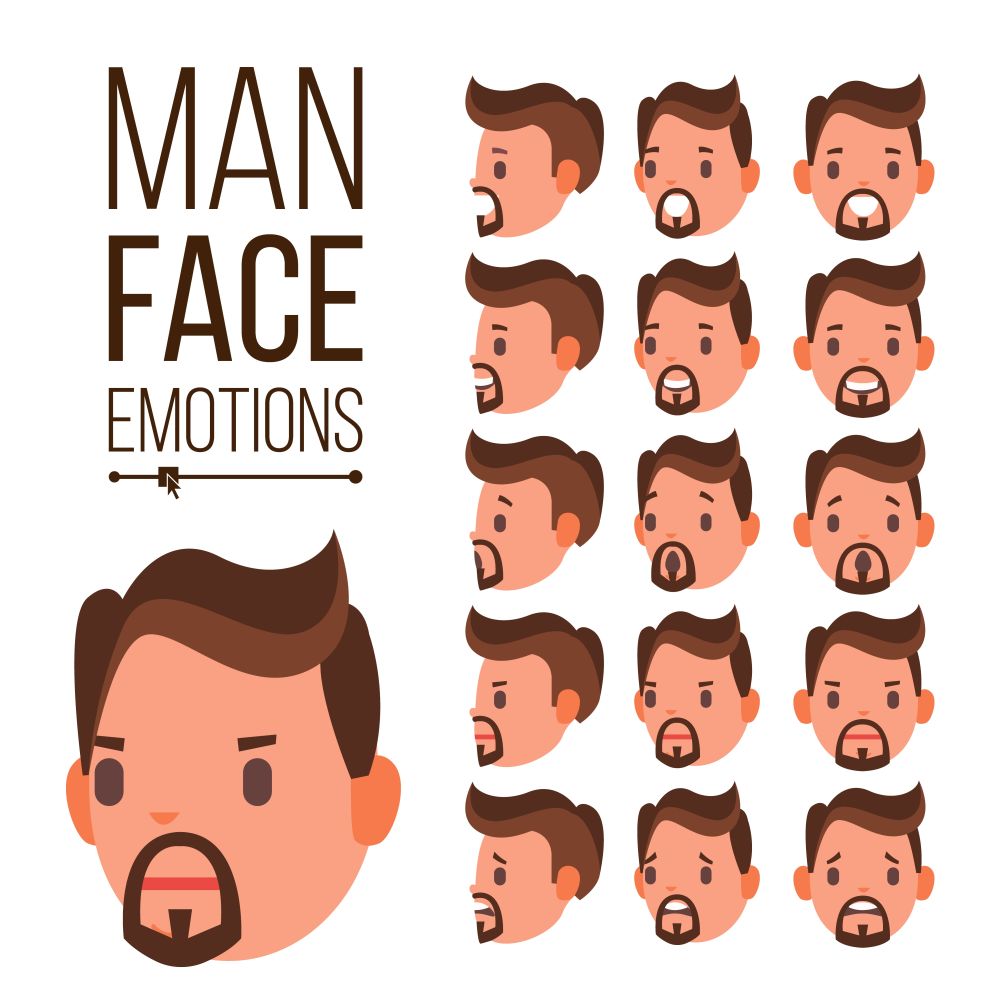 Man Emotions Vector. Different Male Face Avatar Expressions Set. Emotional Set For Animation. Isolated Flat Cartoon Illustration. Man Emotions Vector. Handsome Face Man. Cute, Joy, Laughter, Sorrow. Human Psychological Portraits. Isolated Flat Cartoon Illustration