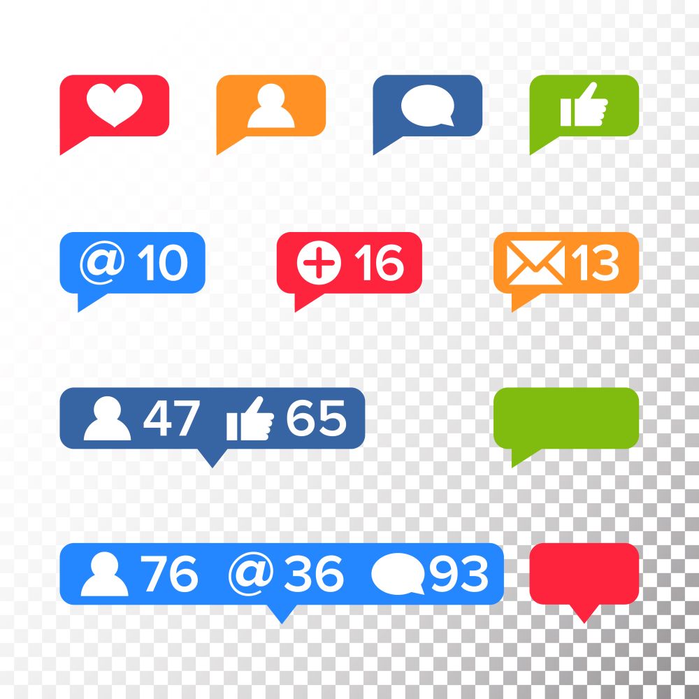 Notifications Icons Template Vector. Like symbol, Message and notification set. instagram icons. Notifications Icons Template Vector. Like symbol, Message and notification set. instagram
