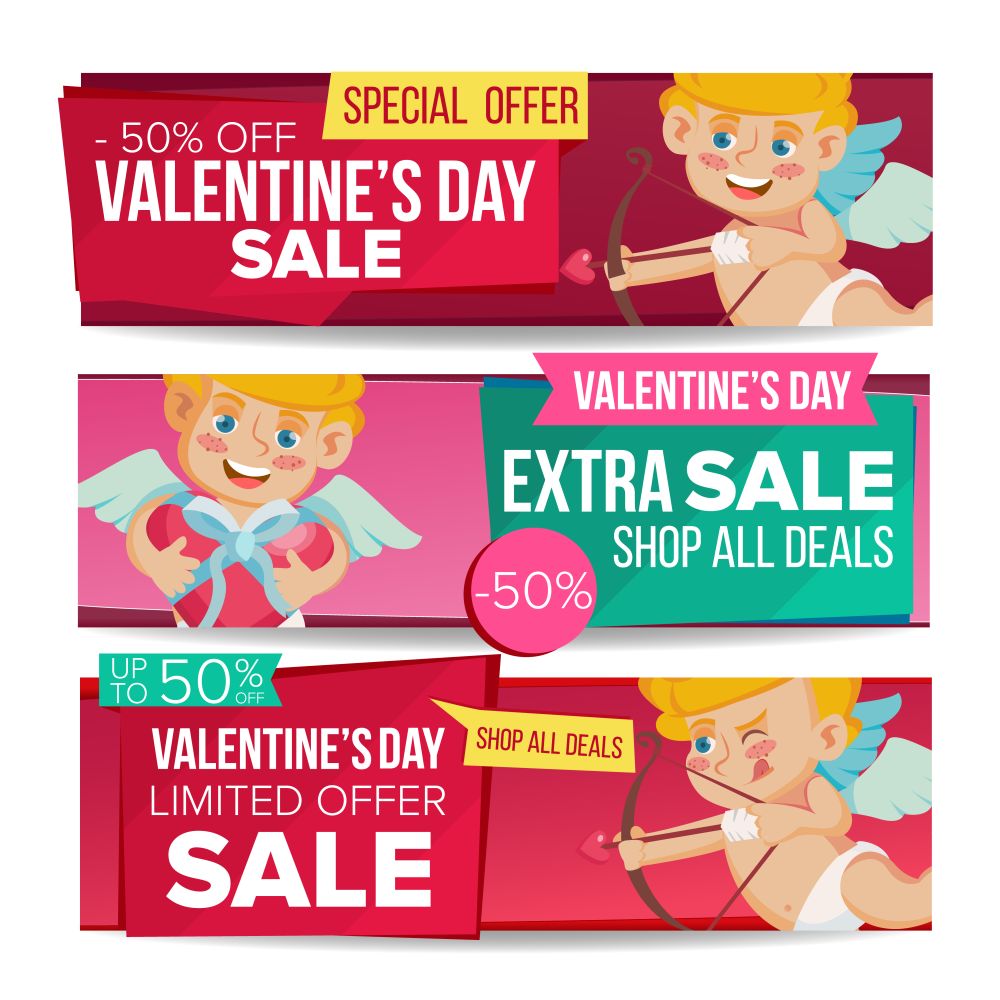 Valentine s Day Sale Banner Set Vector. February 14 Cupid. Valentine Online Shopping. Horizontal Discount Banners. Love Promo Sale Banner Tag. Romantic Price Offer Labels. Isolated Illustration. Valentine s Day Sale Banner Vector. February 14 Cupid. Discount Tag, Special Love Offer Horizontal Banners. Valentine Discount And Promotion. Half Price Romantic Stickers. Isolated Illustration