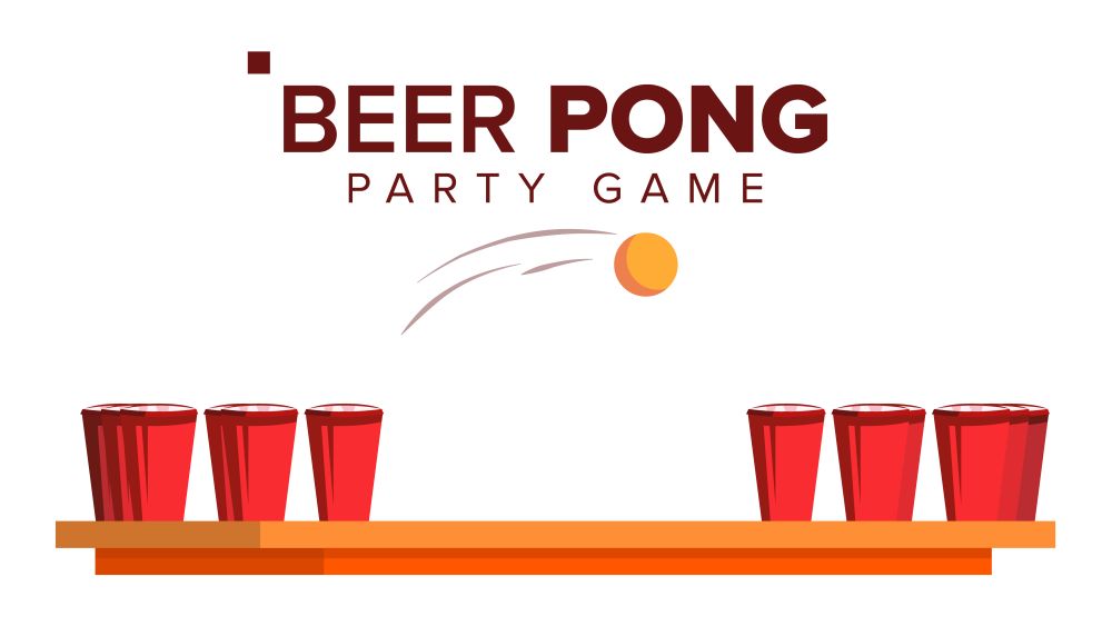 Beer Pong Game Vector. Alcohol Party Game. Red Cups And Ping Pong Ball. Isolated Flat Illustration. Beer Pong Game Vector. Alcohol Party Game. Red Cups On Table And Ball. Isolated Flat Illustration