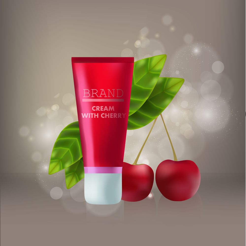 Cosmetic red mock-up with leaf and cherry realistic template illustration brand cream flask gel essential