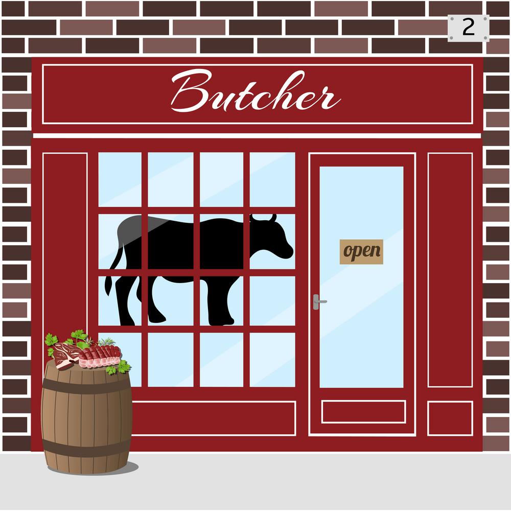 Butcher shop. Meat store.. Butcher shop building. Cow sticker on window. Barrel with fresh slices of meat at the fore. Brown brick facade. Vector illustration EPS10.