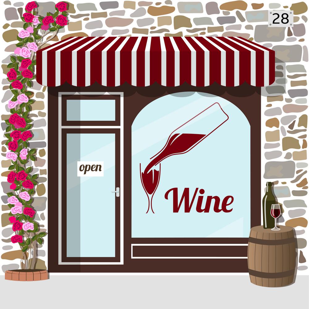Wine shop building.. Wine shop building.Facade of stone. barrel with bottle and glass on it at the fore. Vector illustration EPS10