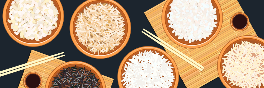 Banner with different types of rice in bowls. Basmati, wild, jasmine, long brown, arborio, sushi. chopsticks. Banner with different types of rice in bowls. Basmati, wild, jasmine, long brown, arborio, sushi. chopsticks. Kitchen bamboo mats, sauce tureen. Vector illustration. top view. For culinary fastfood restaurant
