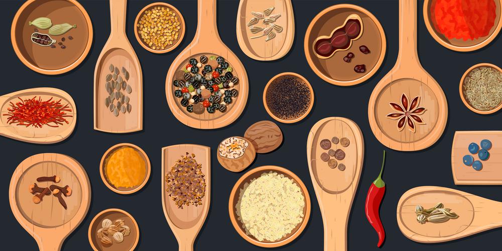 Wooden spoons and bowls with Realistic popular culinary spices. Wooden spoons and bowls with Realistic popular culinary spices. Shop logo. Store sign. Chili pepper, paprika, nutmeg, coriander, anise etc. For health care, design, label, sticker poster advertising