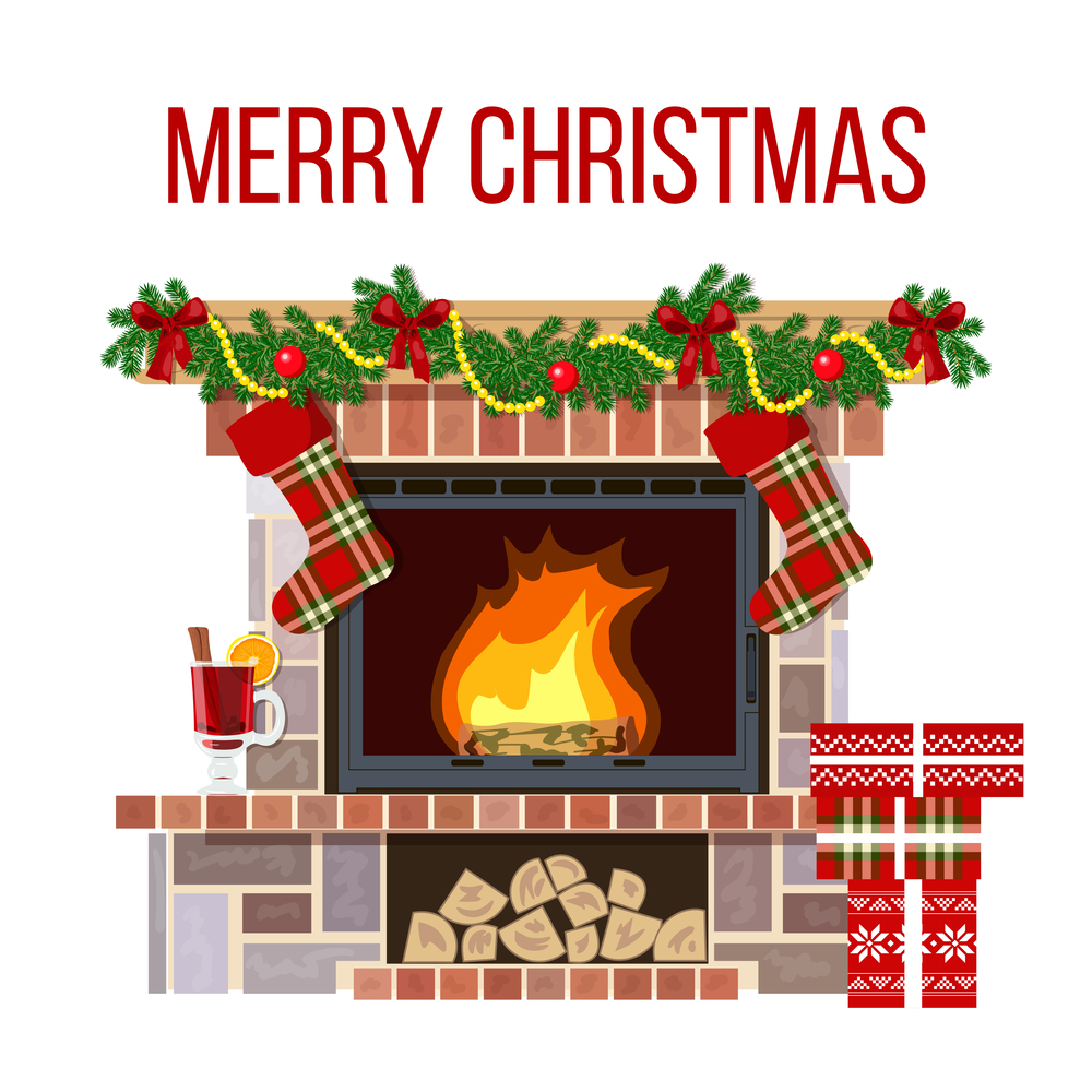 Christmas fireplace and mullled wine glass. Xmas decorated room. Blazing Christmas decorated fireplace. cozy burning hearth with wine glass, gifts, candlesticks, firewood, socks, fir garland. For postcards, greetings, prints, textile, background, banner