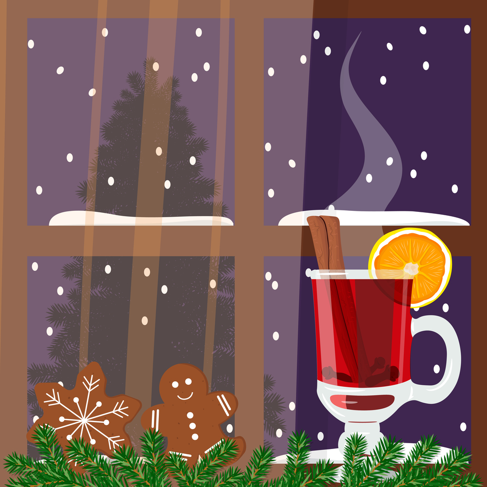 Christmas decorated window with mulled wine. Christmas decorated window with hot mulled wine. Realistic style vector illustration. Comfortable vista with hot wine punch, gingerbread man, green garland, curtains. For postcards, greetings