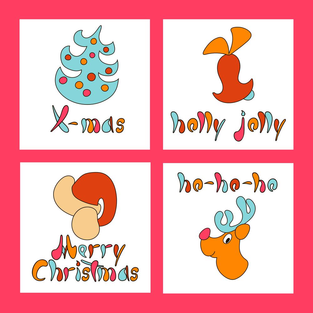 Set of Christmas greeting cards. New Year Xmas. Holiday objects collection. Christmas theme with toy, deer, bell, fir, santa hat. Set of Christmas icons. Can be used as icons, wallpaper, wrapping paper, decoration banner
