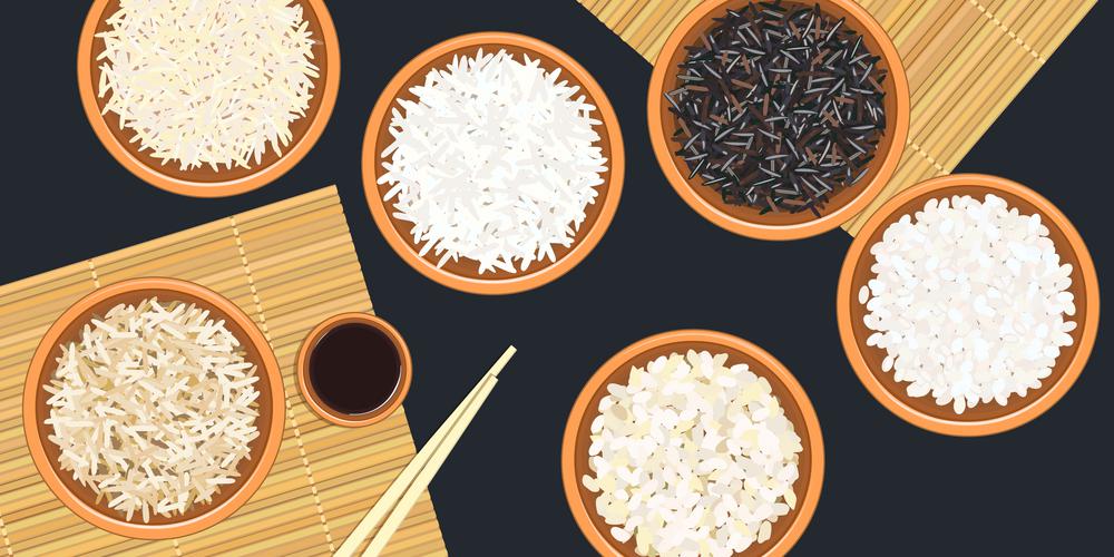 Different types of rice in ceramic bowls. Basmati, wild, jasmine, long brown, arborio, sushi. chopsticks. Kitchen bamboo mat. Different types of rice in bowls. Basmati, wild, jasmine, long brown, arborio, sushi. chopsticks. Kitchen bamboo mats, sauce tureen. Vector illustration. top view For culinary fastfood restaurant