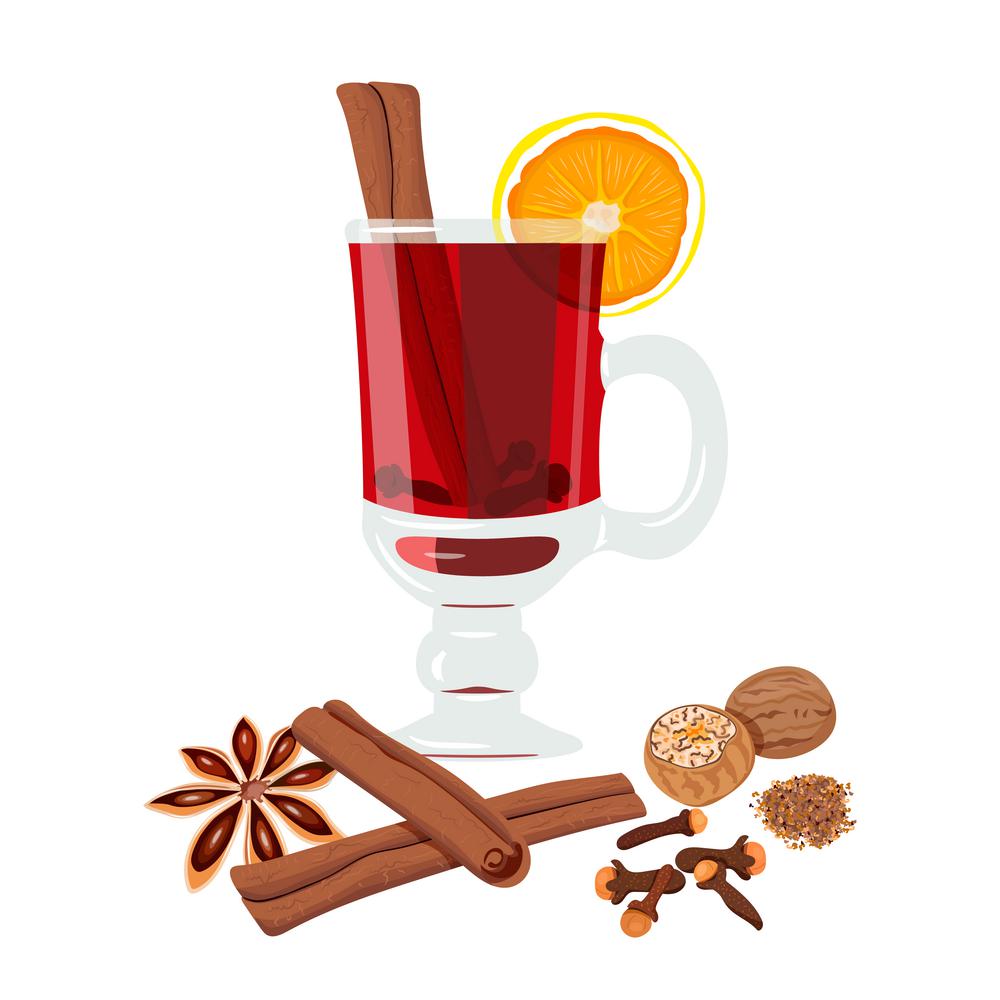 Mulled wine set. Mulled wine set with glass of drink and ingredients. cinnamon, , citrus, clove, nutmeg, star anise. vector illustration. Known as gluhwein, glogg cardinal