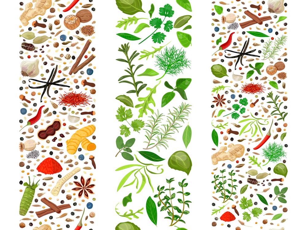 Culinary herbs and spices organised in three ribbons. Popular culinary herbs and spices set organized in three ribbons. Cooking seasonings poster. Design for decoration, cosmetics, store, health care products, flyer, banner, wrapping paper, textile