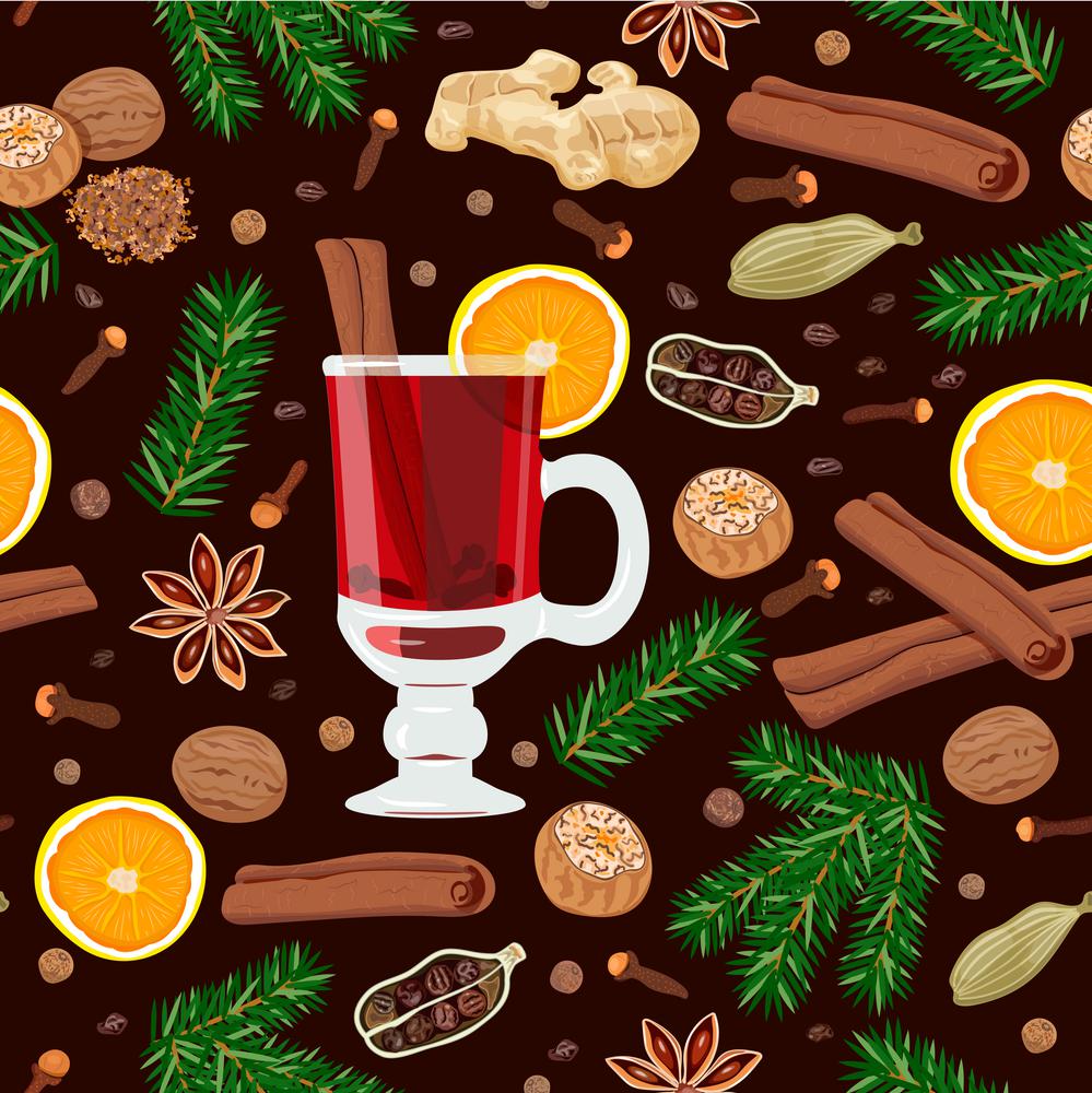 Mulled wine with spices seamless pattern vector set. Mulled wine spices seamless pattern vector set with glass of drink, all ingredients. zest, cloves, nutmeg, star anise, sugar, cinnamon, citrus, cardamom, ginger, green fir twigs. Known as gluhwein
