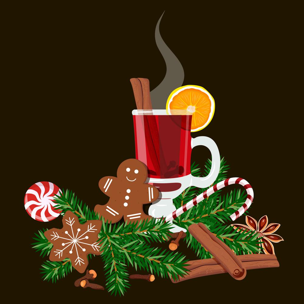 Mulled wine with spices and gingerbread. Mulled wine set with glass of red drink, gingerbread man, candy cane, lolly pop, fir tree twig, zest, cloves, nutmeg, star anise, sugar, cinnamon, citrus, cardamom ginger vector illustration