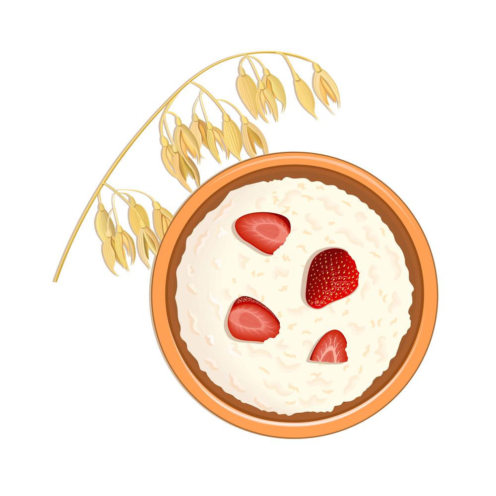 Tasty oatmeal with berries and Oat ears of grain. top view. close-up. Tasty oatmeal with berries and Oat ears of grain. top view. close-up. Bowl with delicious porridge with strawberries. vector illustration. for food design, cooking, labels, decoration, tags