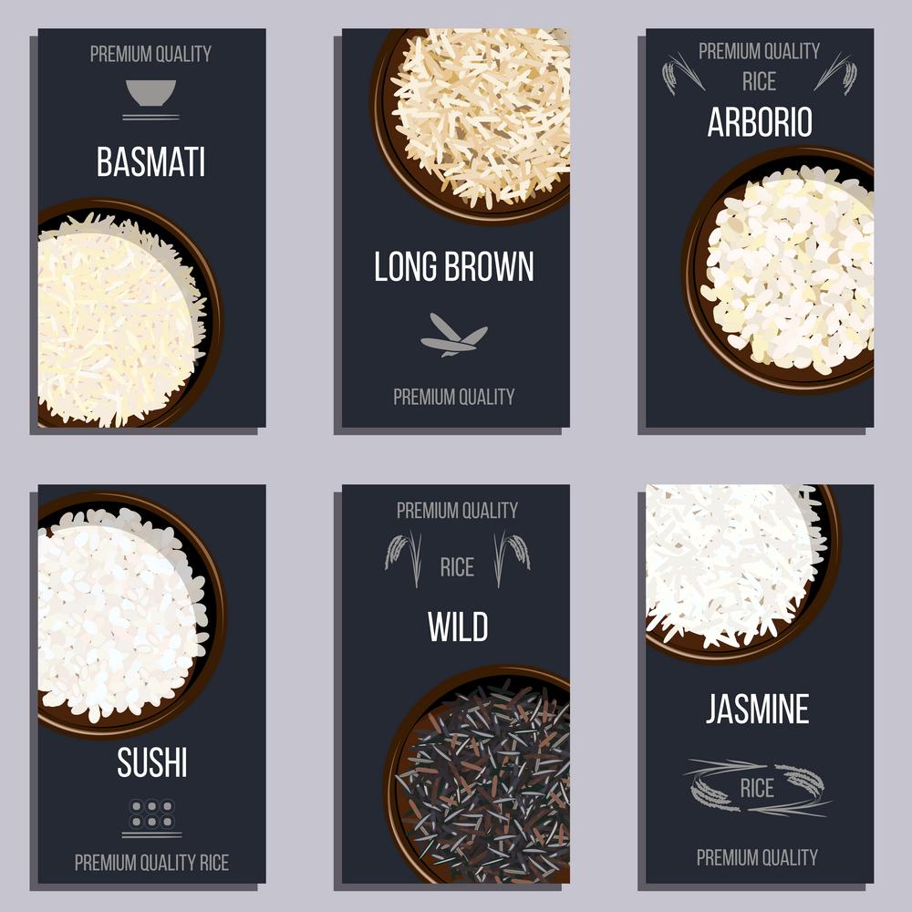 Labels set with Different types of rice in pots. Labels set with Different types of rice in pots. Basmati, wild, jasmine, long brown, arborio, sushi. Premium quality text. Vector illustration. top view, For culinary, fastfood, restaurant Cute tags