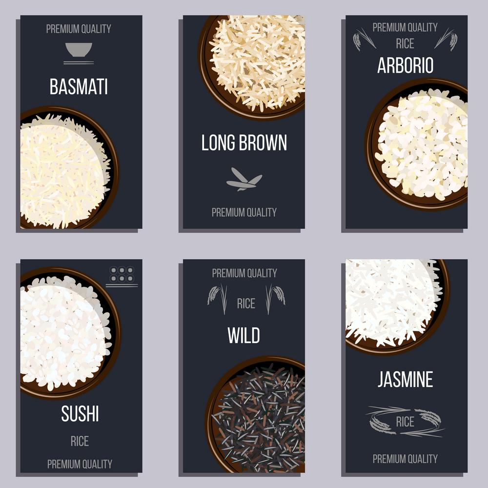 Labels set with Different types of rice in pots. Labels set with Different types of rice in pots. Basmati, wild, jasmine, long brown, arborio, sushi. Premium quality text. Vector illustration. top view, For culinary, fastfood, restaurant. Cute tags