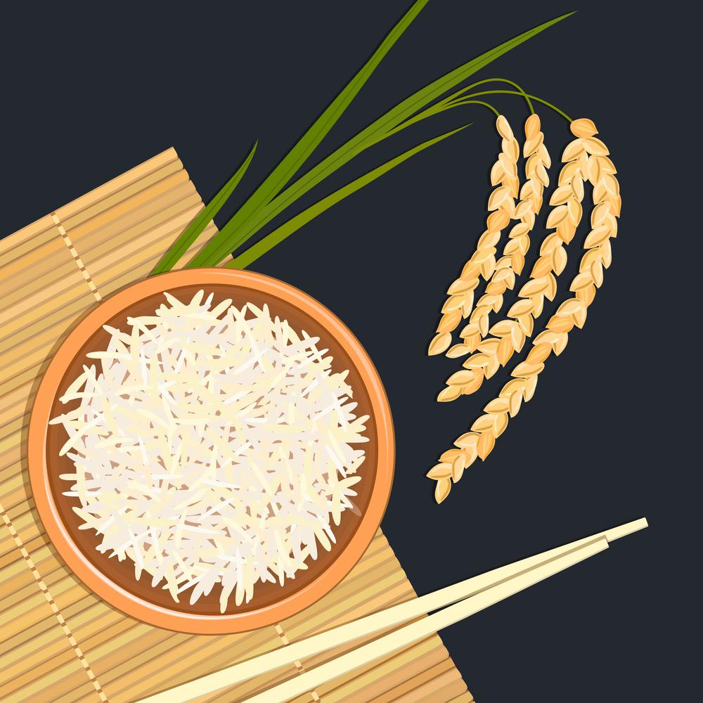 Rice in ceramic bowl with chopsticks. Kitchen bamboo mat, rice twig. Rice in ceramic bowl with chopsticks. Kitchen bamboo mat, spikelet. Text high quality. Vector illustration. For culinary, cafe, fastfood, shop, restaurant. Can be used as label, poster advertising