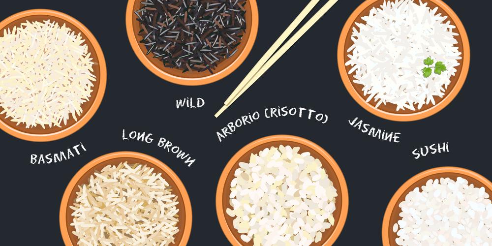 Different types of rice in ceramic bowls. Basmati, wild, jasmine, long brown, arborio, sushi. chopsticks. Kitchen bamboo mat. Different types of rice in pots. Basmati, wild, jasmine, long brown, arborio, sushi. chopsticks. Kitchen bamboo mats, sauce tureen. Vector illustration. top view For culinary fastfood restaurant