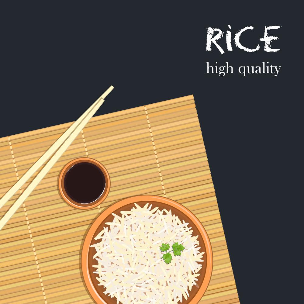 Rice in ceramic bowl with chopsticks. Kitchen bamboo mat, sauce tureen. Rice in ceramic bowl with chopsticks. Kitchen bamboo mat, sauce tureen. Text high quality. Vector illustration. For culinary, cafe, fastfood, shop, restaurant. Can be used as label, poster advertising